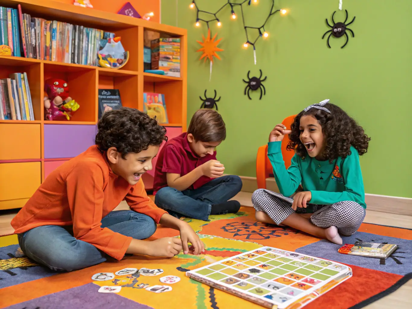 A vibrant image depicting a group of children and adults playing a reading-themed board game together, laughing and interacting enthusiastically. The game board features colorful illustrations of book characters and settings.