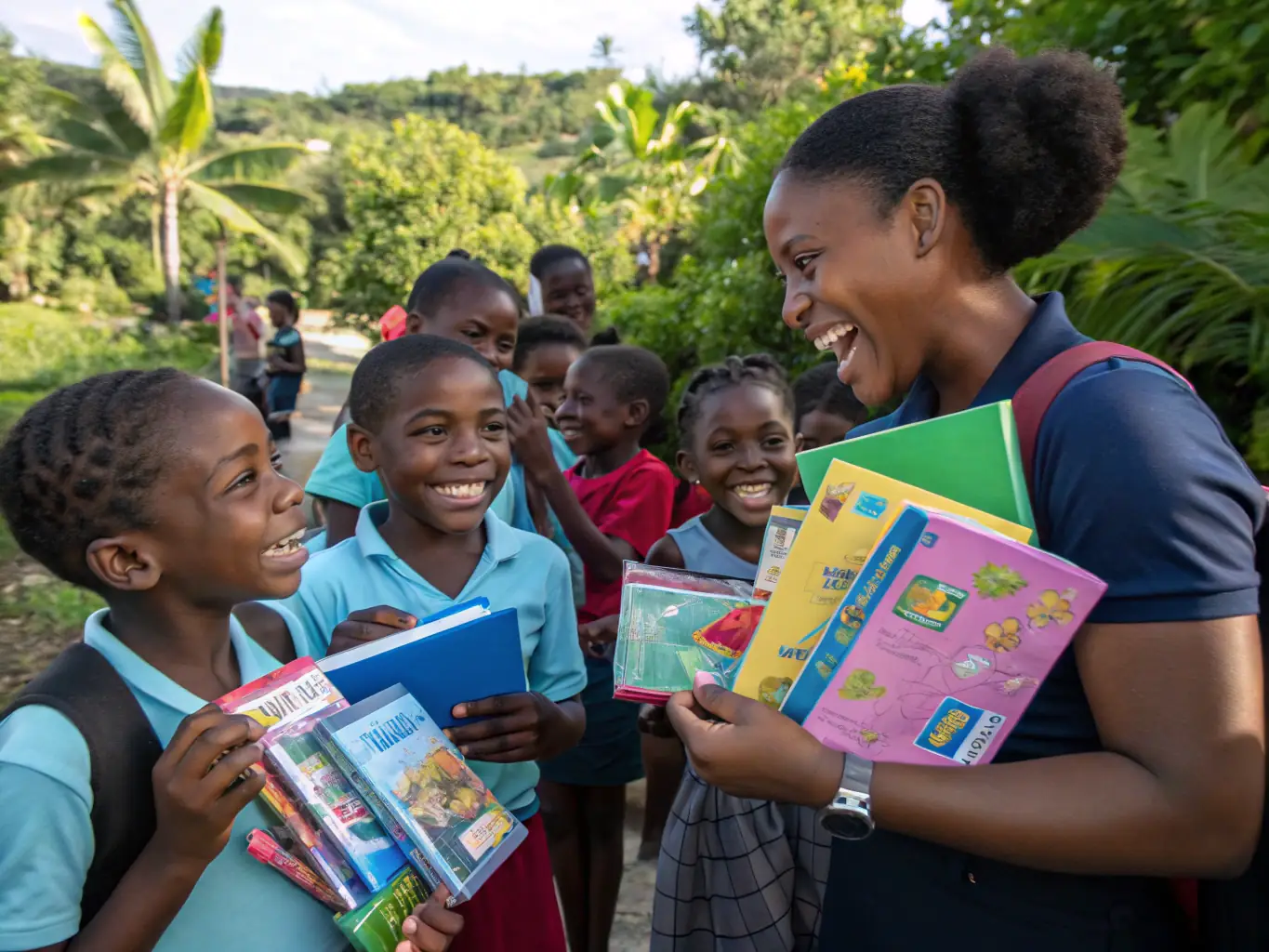A person donating books at a Bookisite event, with children happily receiving them. The scene is bright and cheerful, emphasizing the joy of giving and receiving books.