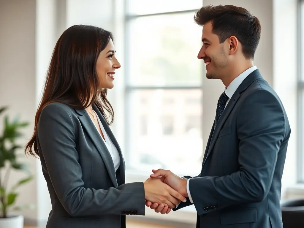 Two organizations representatives shaking hands, symbolizing a partnership agreement. The setting is a modern office, conveying professionalism and collaboration.