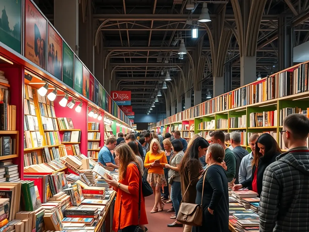 A photograph of a local book fair, capturing the vibrant atmosphere and community engagement.