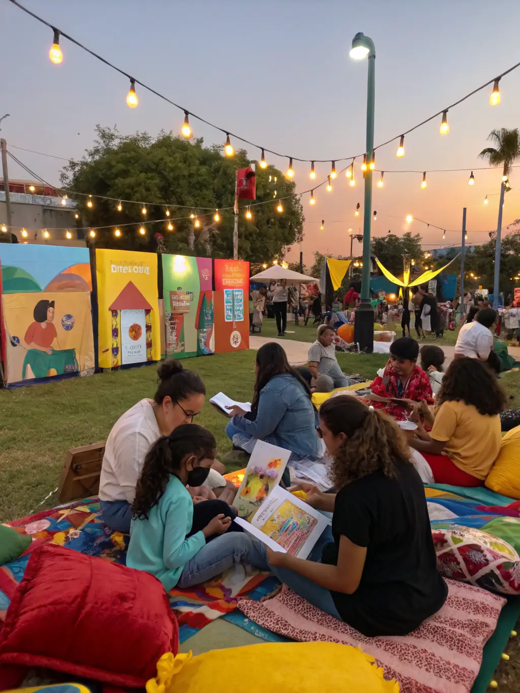 A vibrant and colorful book fair scene with children and parents happily browsing through stacks of books, showcasing the joy and community spirit of Bookisite's events.