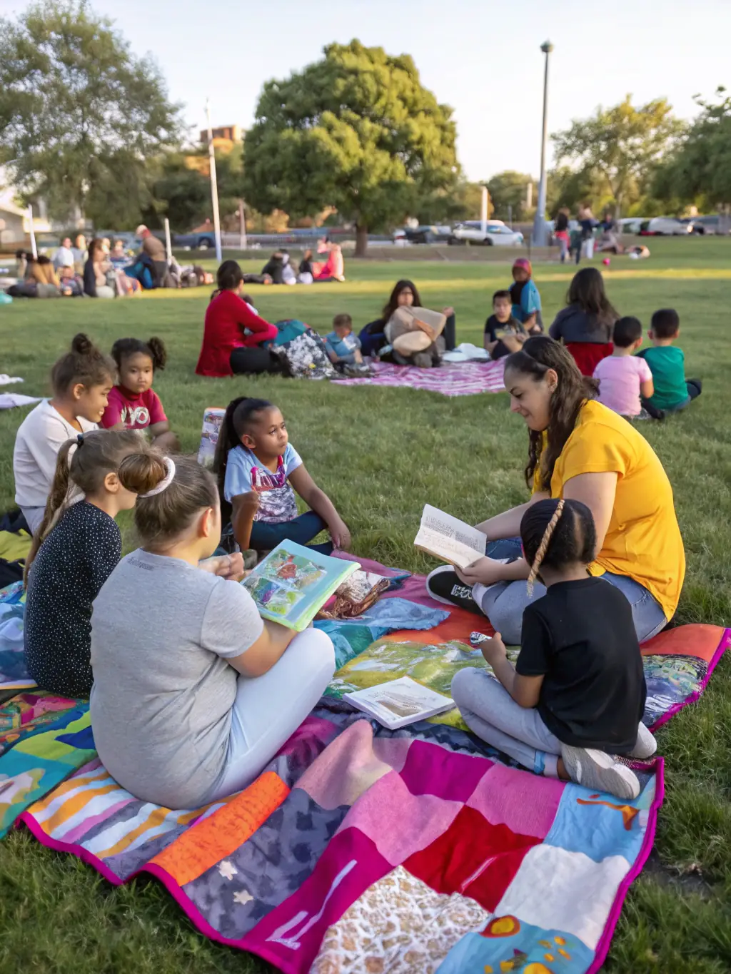 A diverse group of people of different ages and backgrounds reading books in a park, emphasizing the inclusive nature of Bookisite's community and resources.