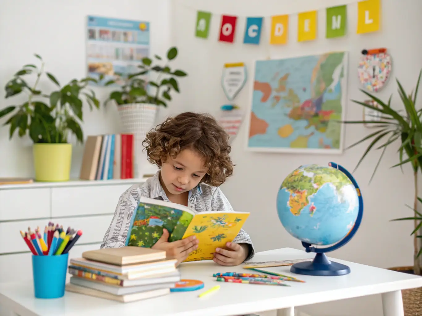 A brightly lit image showcasing a child engrossed in a reading worksheet at a desk filled with colorful books and pencils, with a friendly adult offering guidance. The scene is set in a cozy, inviting library or home setting.